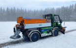 Nachhaltige Technik im Doppel: Der elektrische Geräteträger Beat.e von Viktor Meili AG zusammen mit dem Husky We-Streuer von Bucher Municipal AG.
